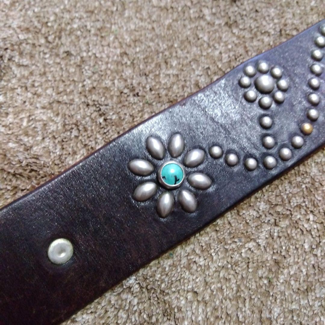32inch HTC ターコイズ フラワー レザー スタッズベルト ブラウン