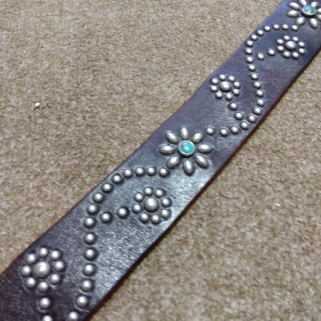 32inch HTC ターコイズ フラワー レザー スタッズベルト ブラウン