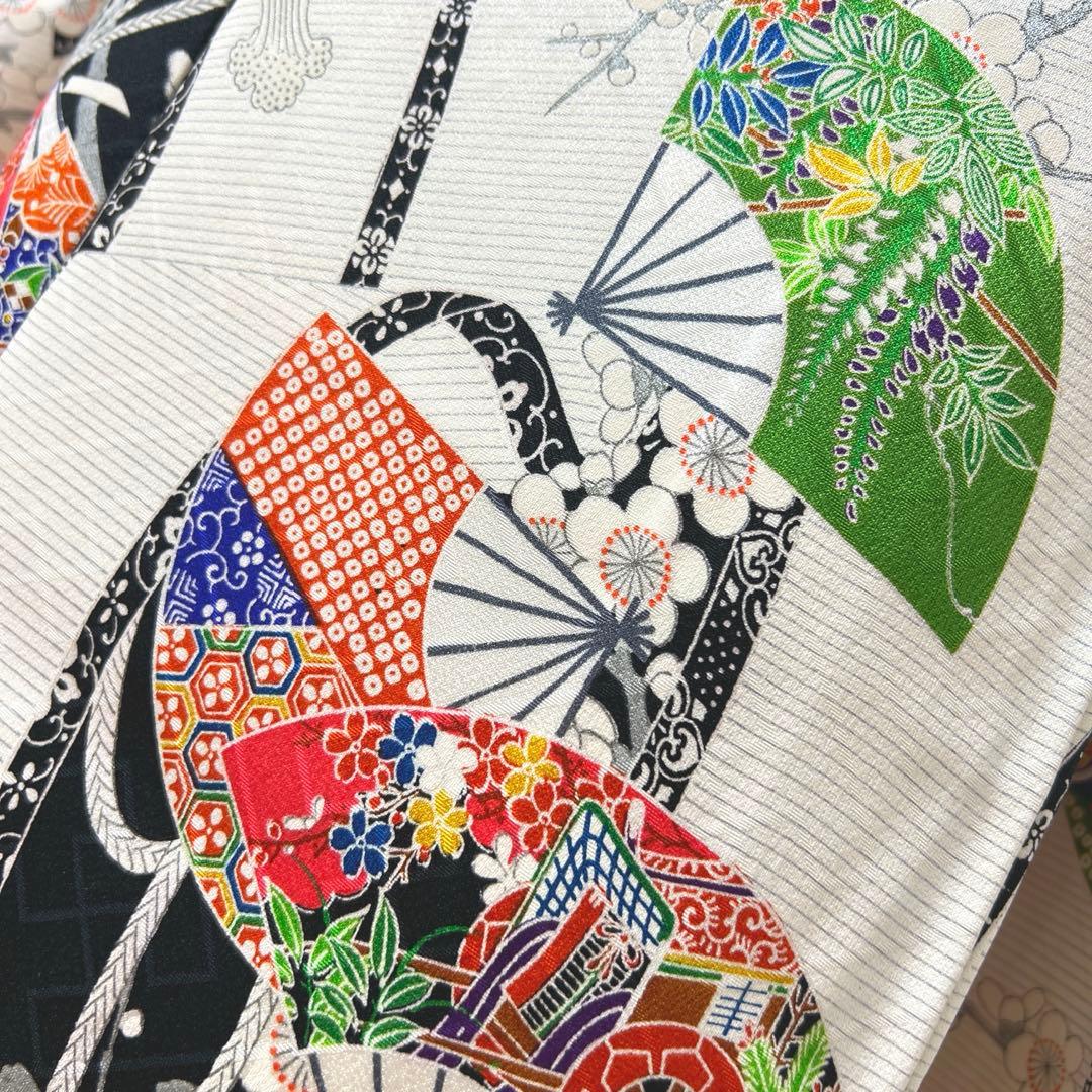 462 振袖フルセット 正絹 白 オフホワイト 小紋 扇面 梅 レトロ カラフル