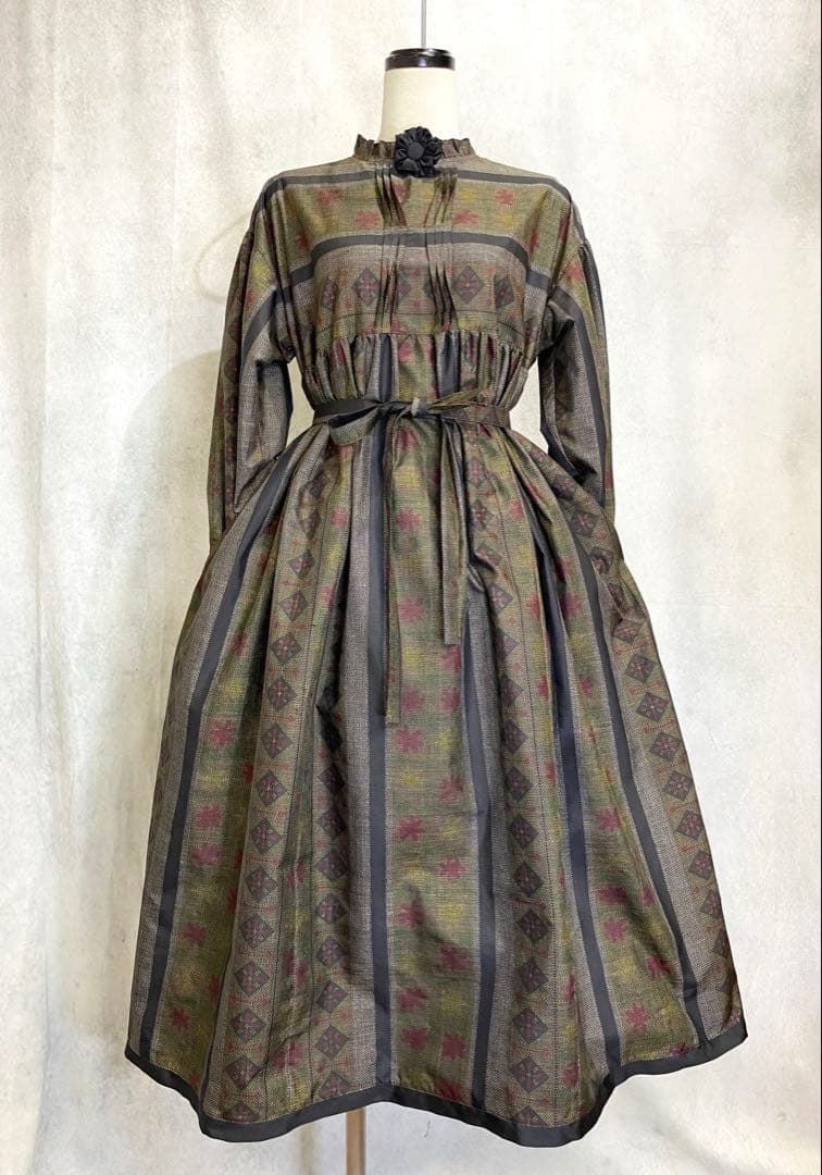 大島紬 フリル襟 ワンピース