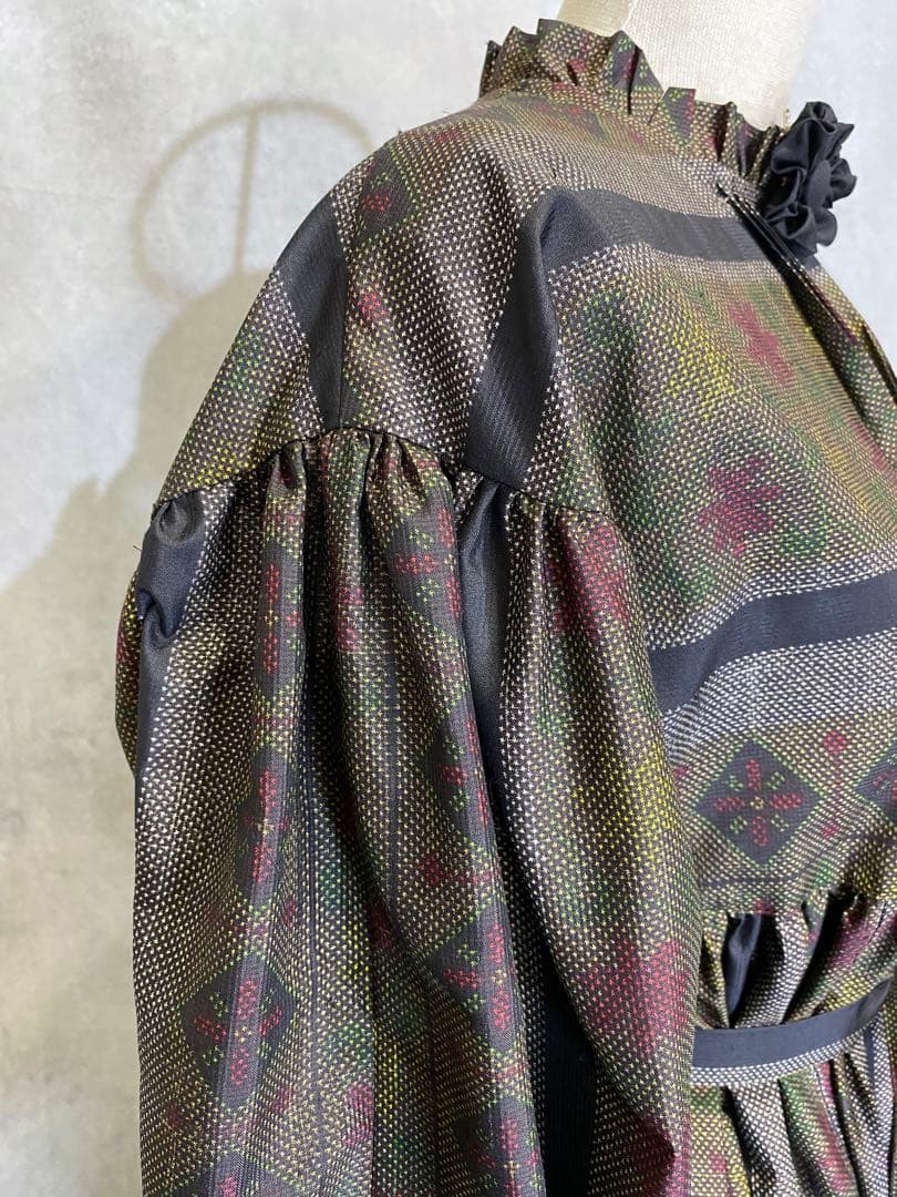 大島紬 フリル襟 ワンピース