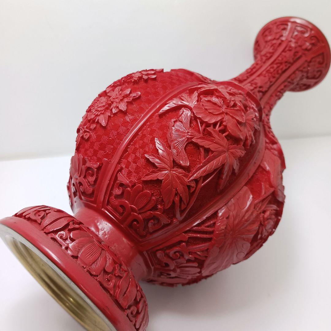 Y2551 中国 堆朱 6面花図 花瓶 高さ31.5㎝