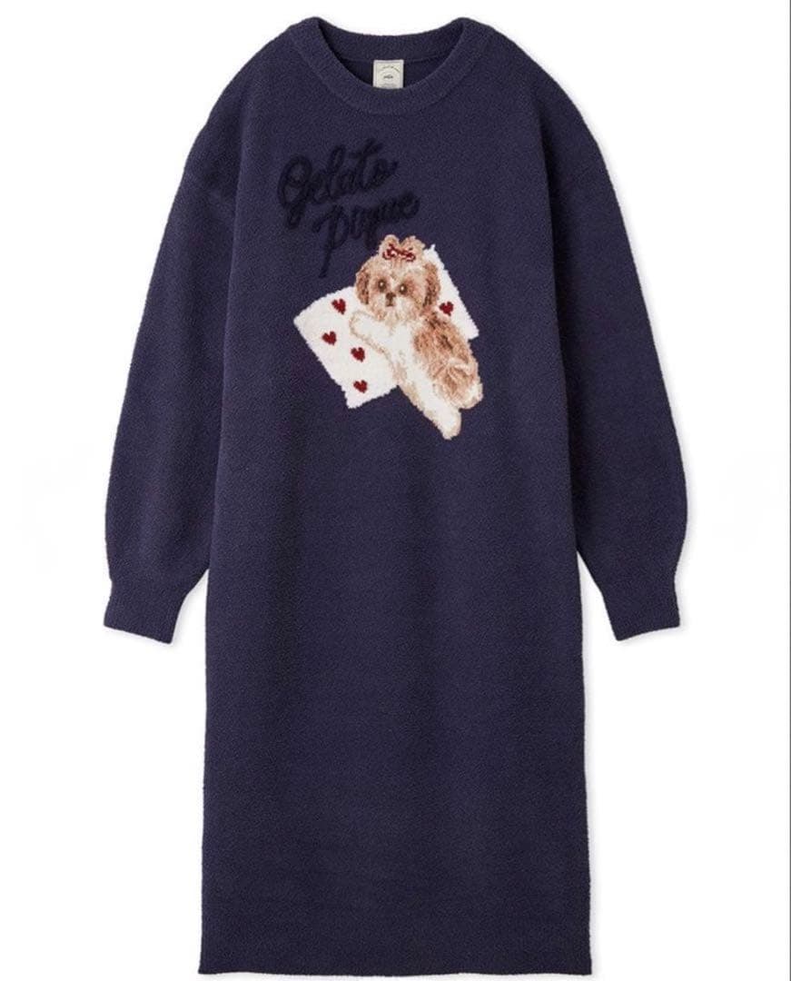 新品タグ付 シーズー柄 ジャガードワンピース NVY F ルームウェア
