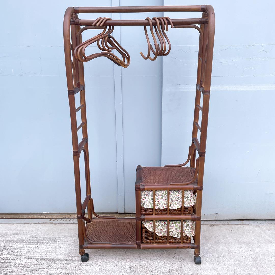 籐 ラタンハンガーラック 籐家具 アンティーク家具 キャスター付 昭和レトロ