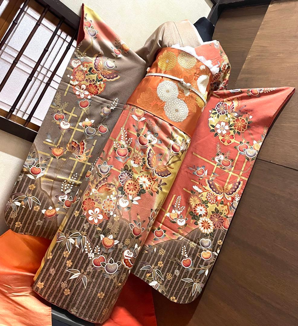 振袖フルセット6点サイズM〜Ｌ舞蝶花文　暈し染め　金彩　正絹