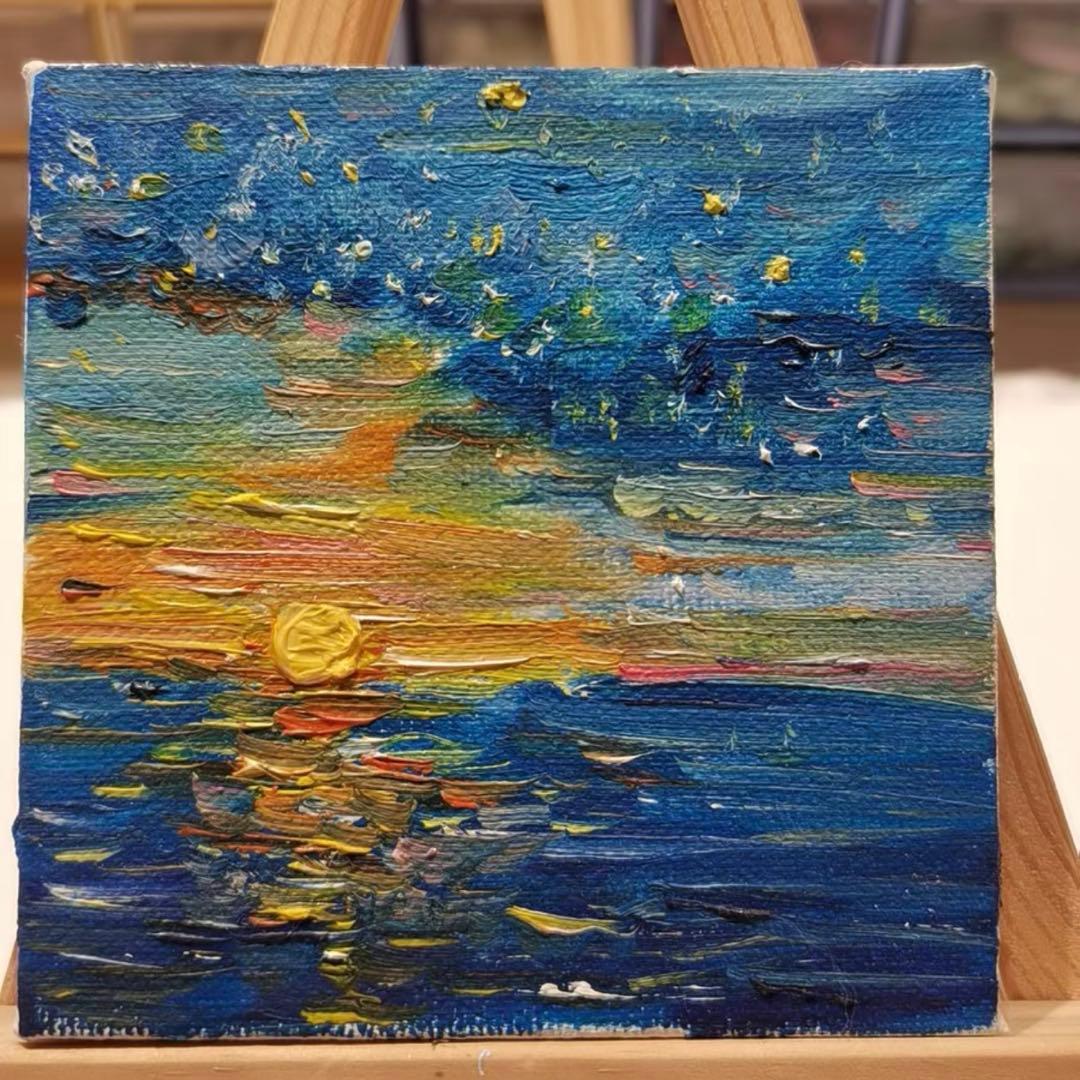 印象派 油絵 小型 青 オレンジ