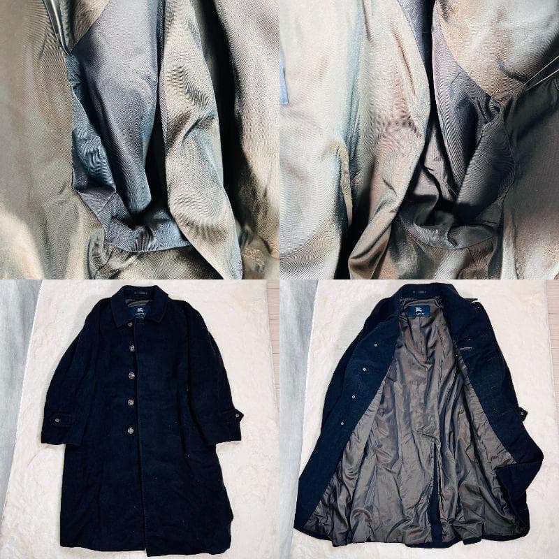 【バーバリーロンドン】ステンカラーコート　黒色　比翼　カシミヤ　裏地総柄　M～L