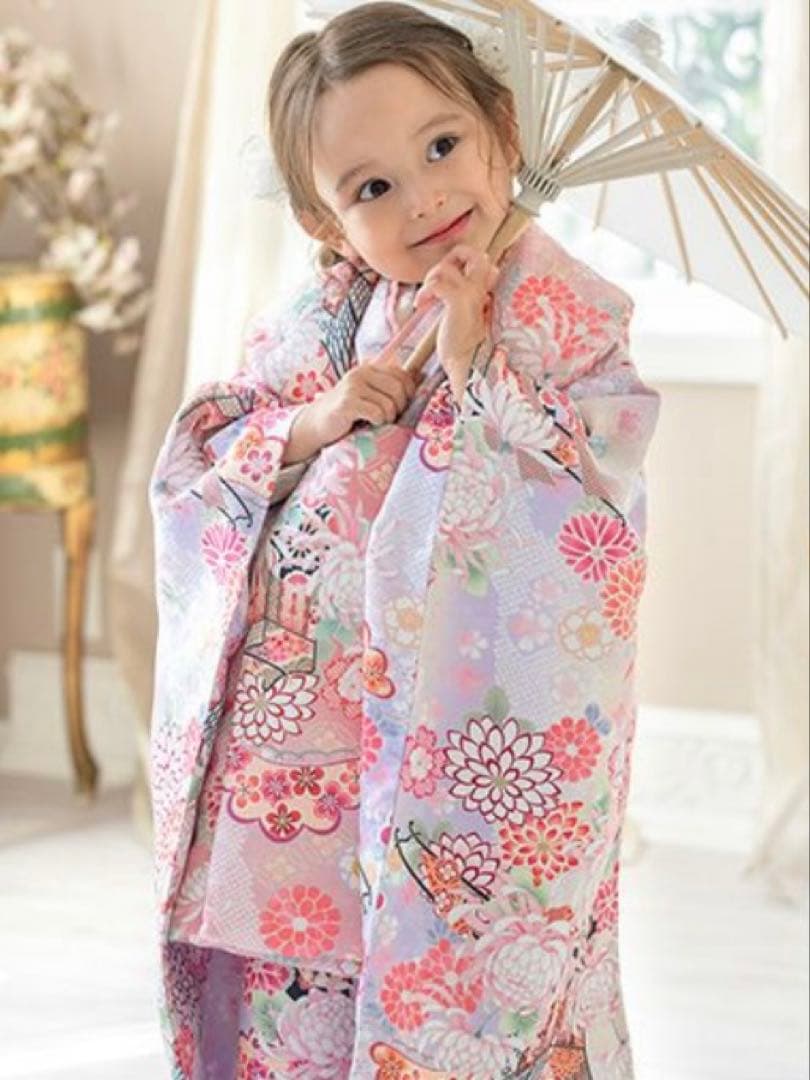 キャサリンコテージ　紫 パープル 花柄 着物 被布セット100cm 千歳飴袋有