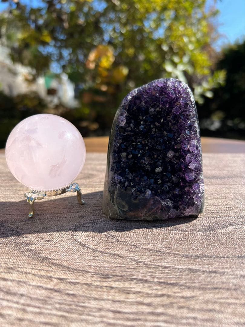 A756 アメジストクラスター　ローズクォーツ丸玉　2点セット　天然石