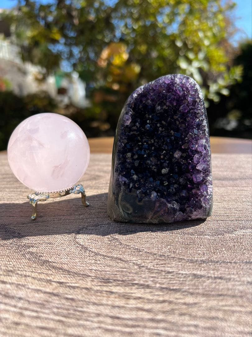 A756 アメジストクラスター　ローズクォーツ丸玉　2点セット　天然石