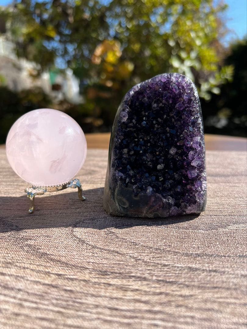 A756 アメジストクラスター　ローズクォーツ丸玉　2点セット　天然石
