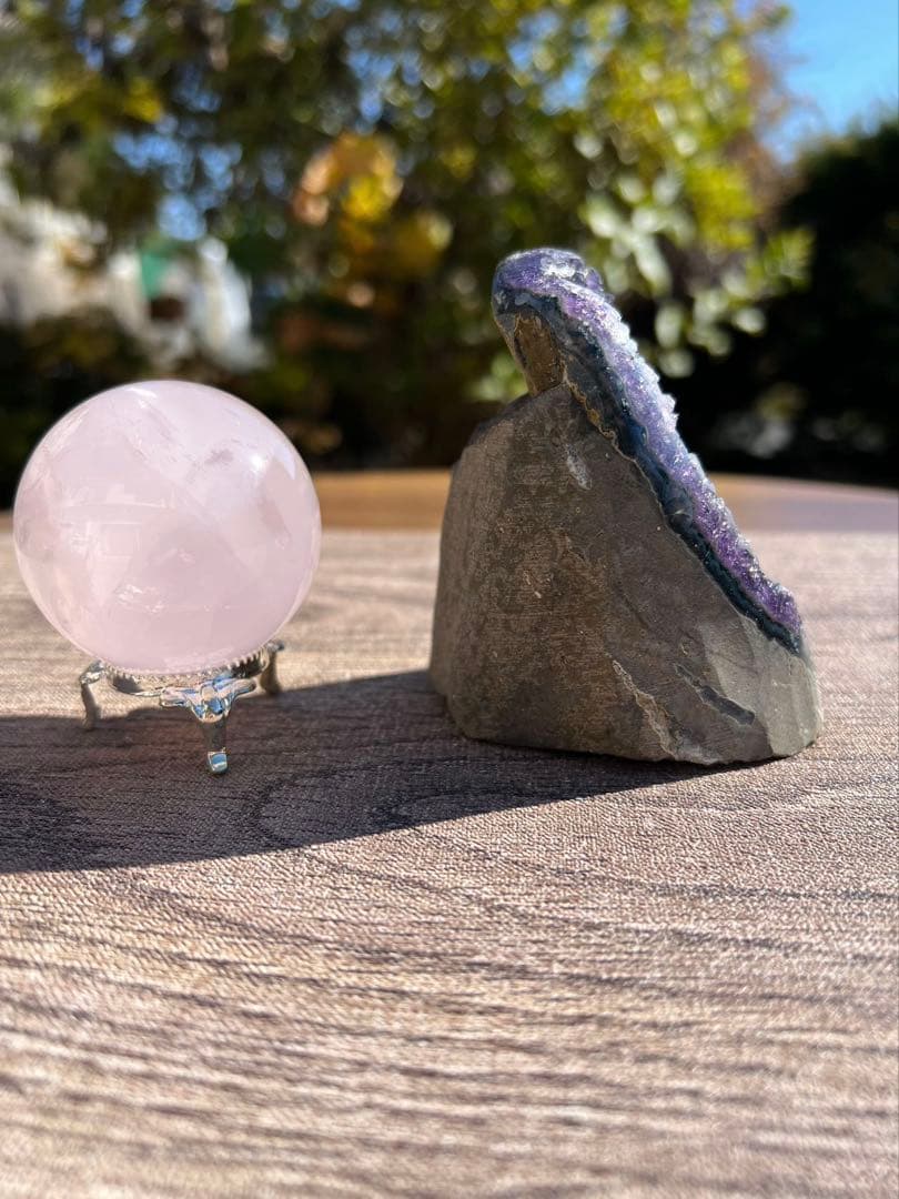 A756 アメジストクラスター　ローズクォーツ丸玉　2点セット　天然石