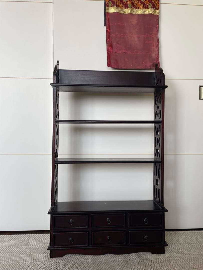 ダークブラウン木製シェルフ 4段 6引き出し