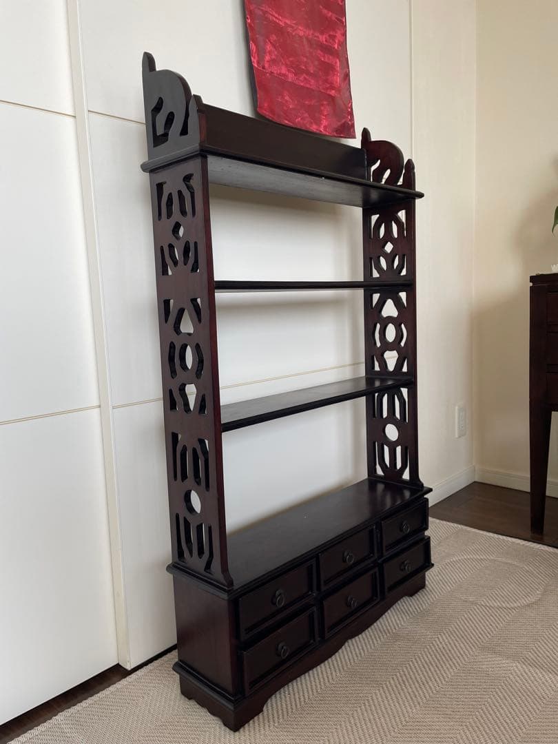 ダークブラウン木製シェルフ 4段 6引き出し