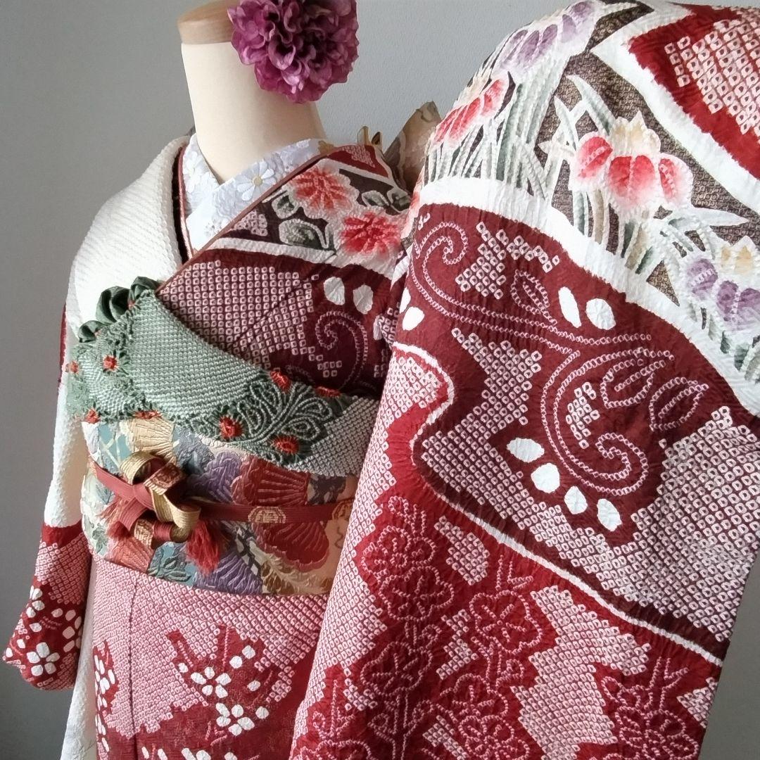 439.極上の総絞り　振袖7点セット 正絹　フルセット　成人式　ダークな苺