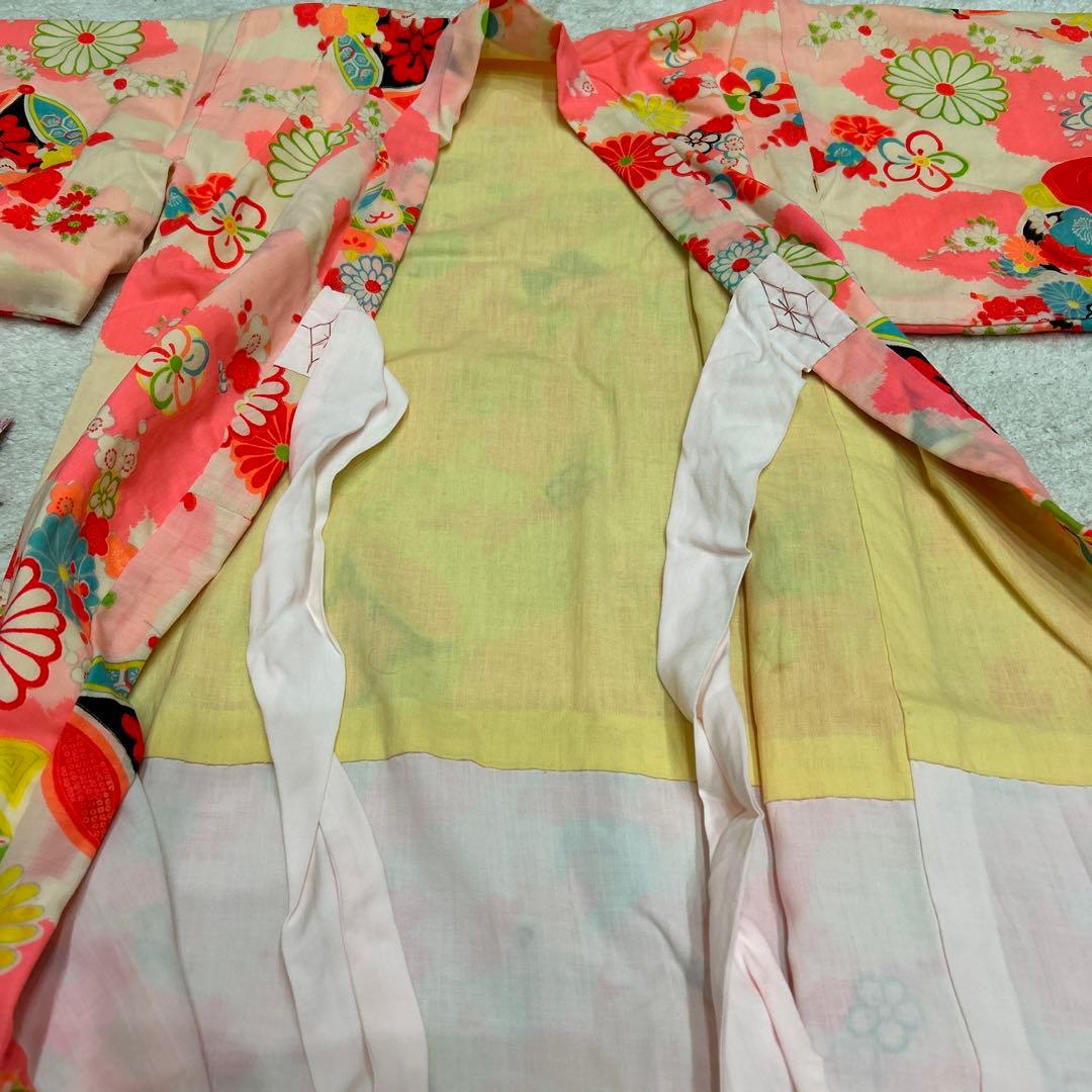 【りあ♡】アンティーク　着物　被布エプロン　友禅染風車　浴衣　帯　セット