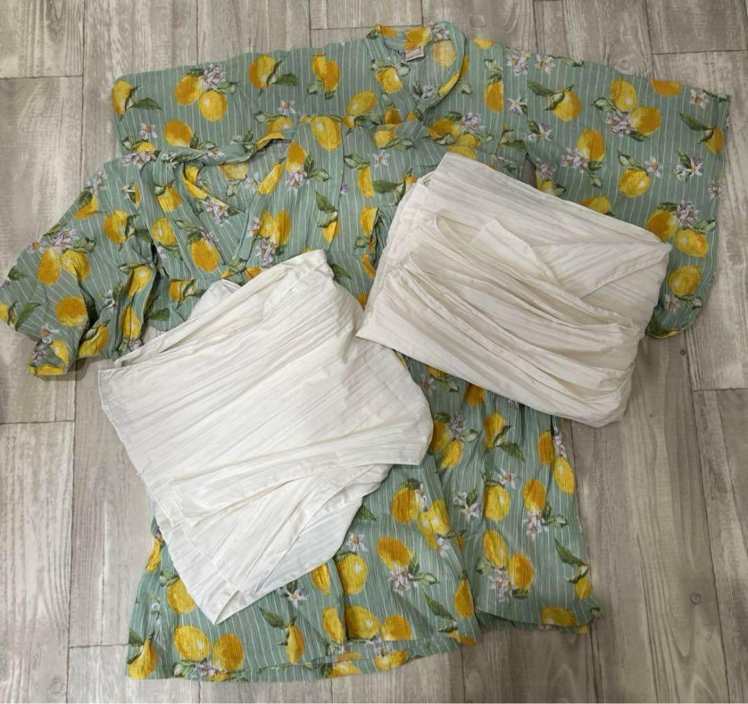 【りあ♡】アンティーク　着物　被布エプロン　友禅染風車　浴衣　帯　セット