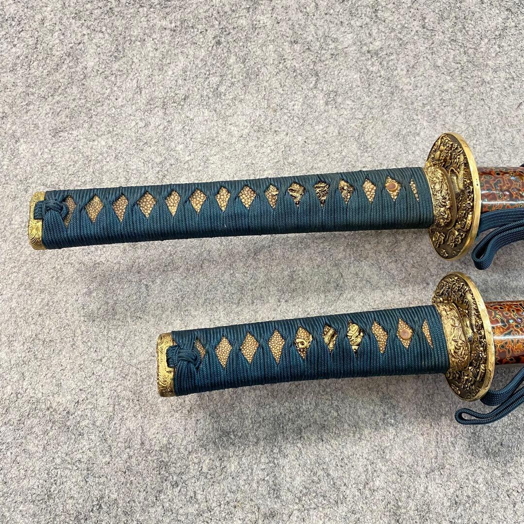 美品 模造刀 津軽塗り 本漆塗 堆朱 大刀 小刀 セット 螺鈿細工 刀袋付き 侍