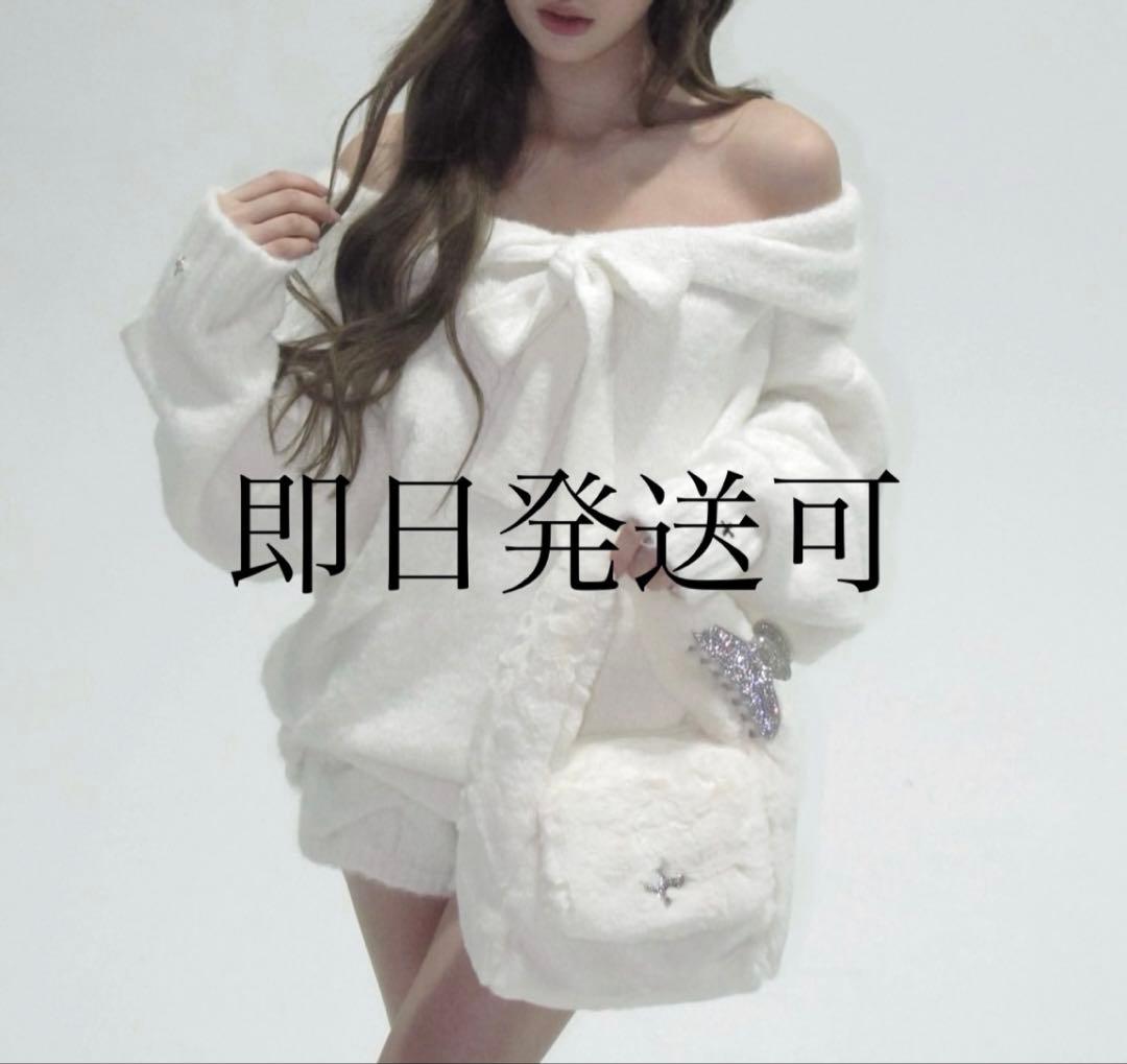 andwang Ribbon off shoulder knit set 白