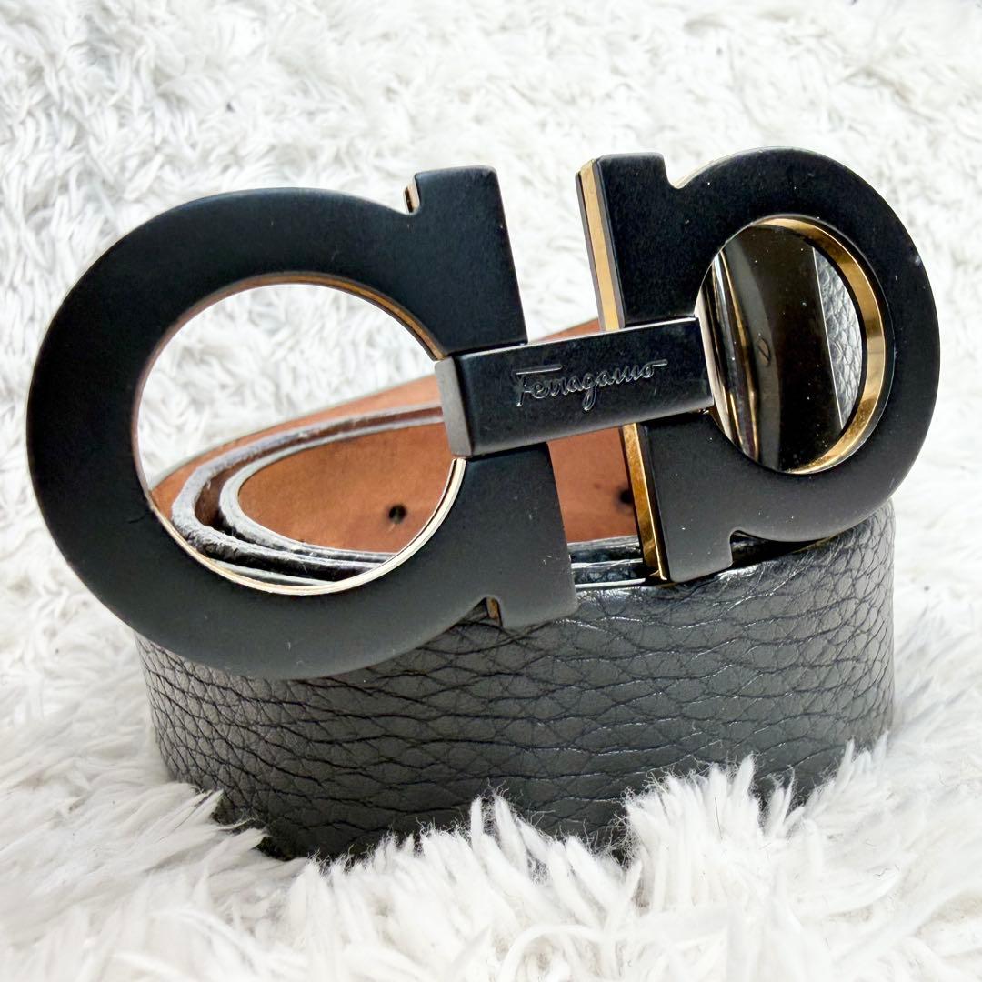 【美品】フェラガモ ベルト ダブルガンチーニ シボ革 ブラック
