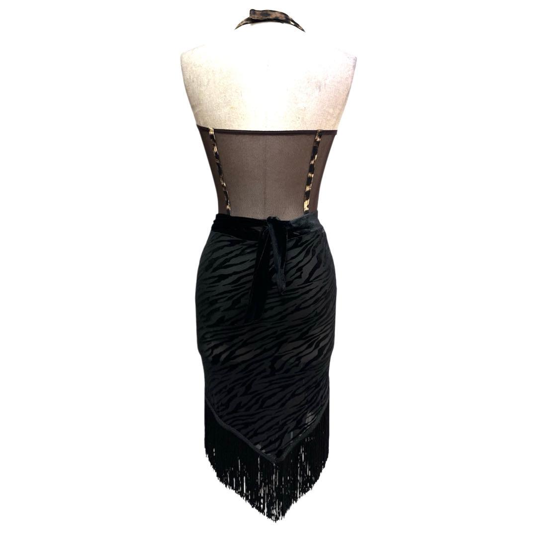 Y5768★S 茶色 黒 アニマル柄 フリンジ ラテンドレス 社交ダンス