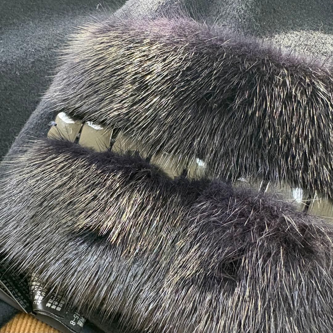 伊太利屋　カシミヤ混　コート　ミンク　リアルファー　ネイビー　美品　M