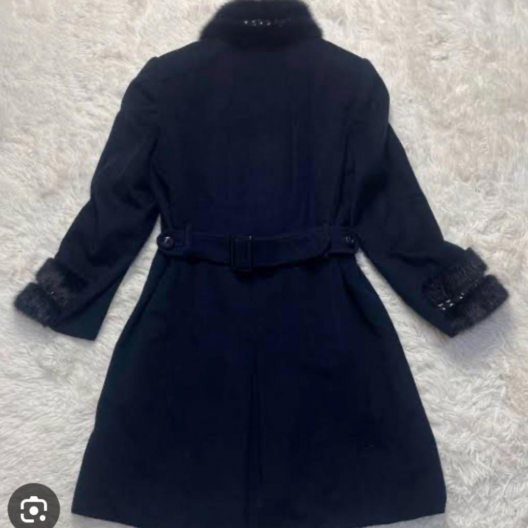 伊太利屋　カシミヤ混　コート　ミンク　リアルファー　ネイビー　美品　M