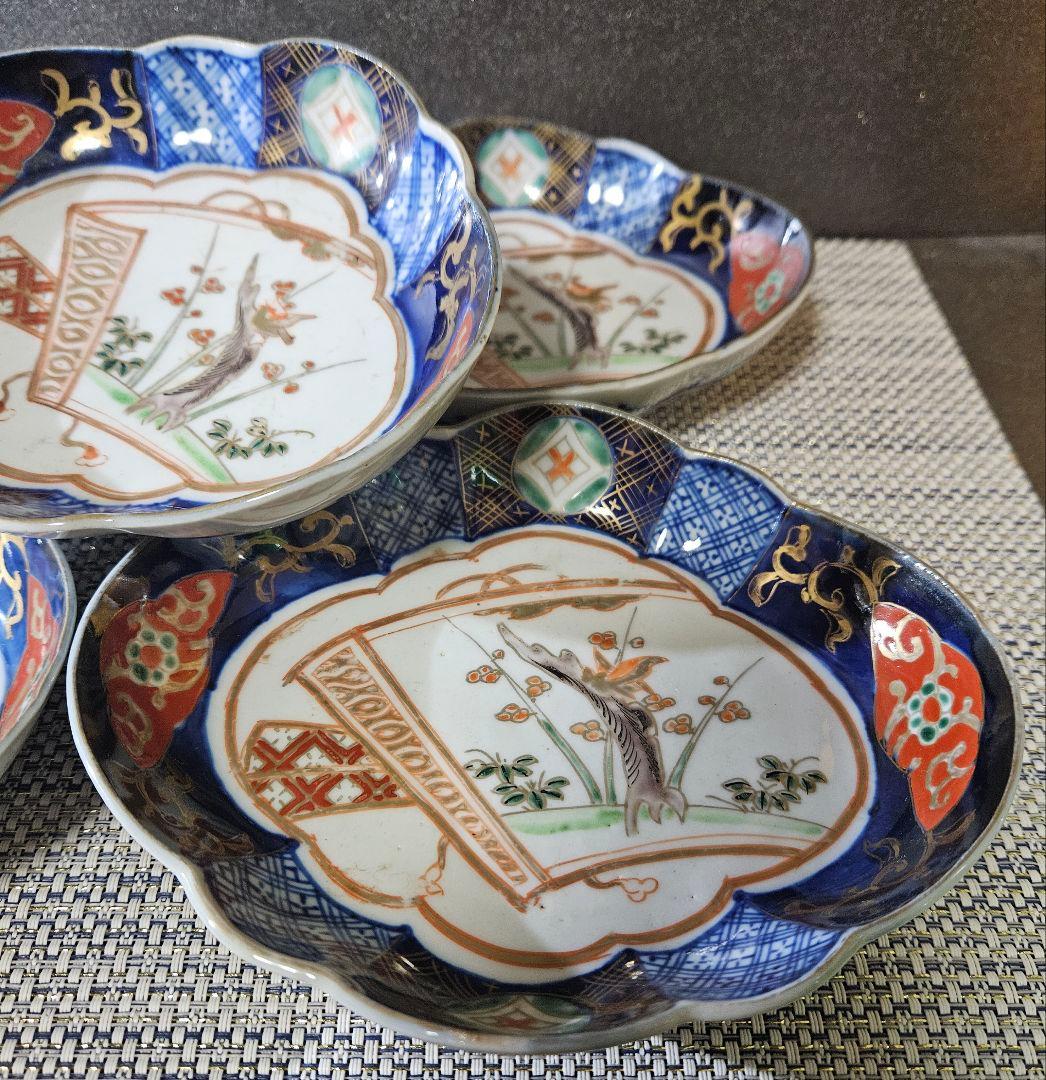 江戸末期～明治初期　古伊万里　錦手　金彩色絵　梅に鶯図　舟形皿5客 17.1cm