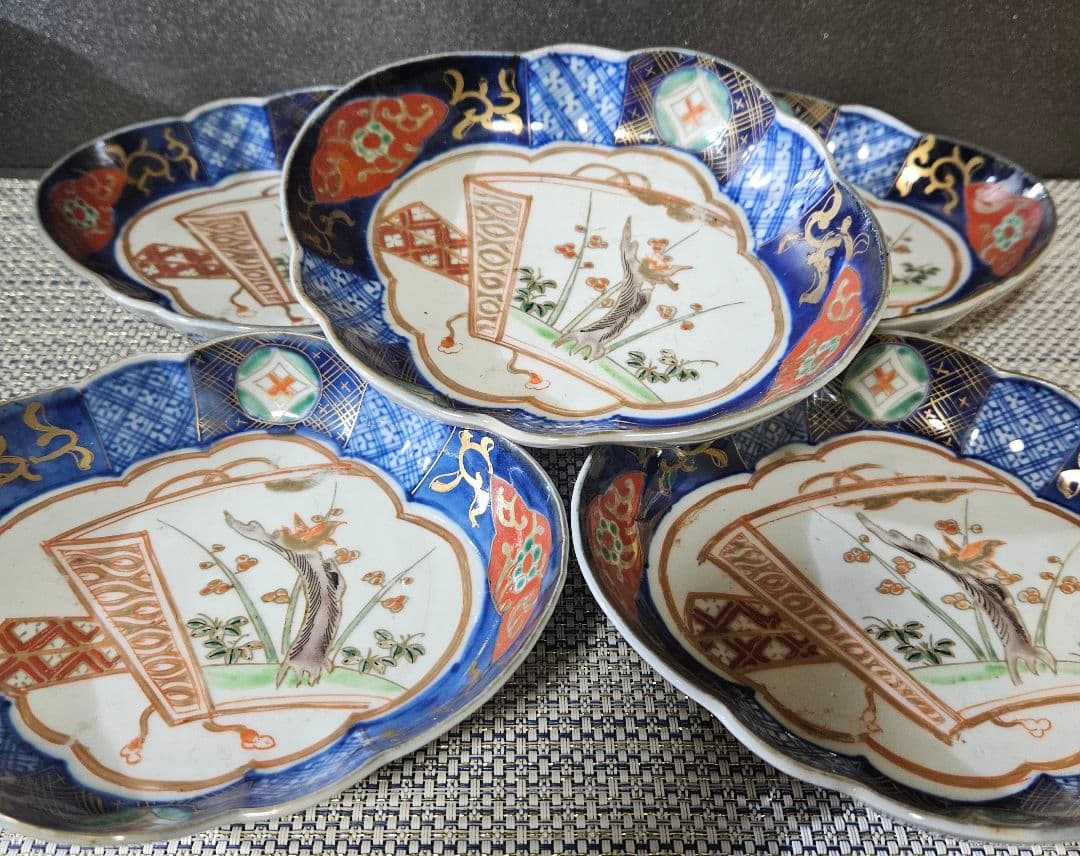 江戸末期～明治初期　古伊万里　錦手　金彩色絵　梅に鶯図　舟形皿5客 17.1cm