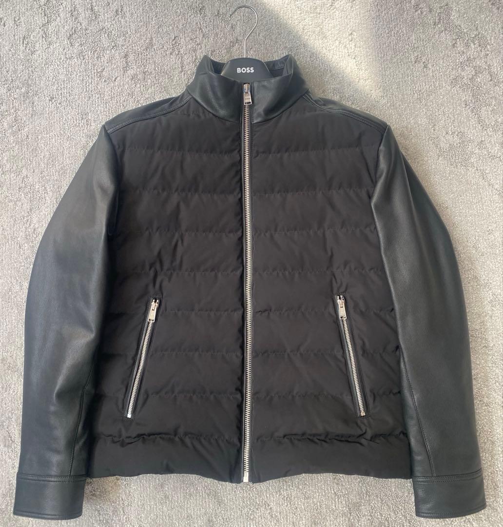 HUGO BOSSヒューゴボス リアルレザー切替ダウンジャケット ブラック48