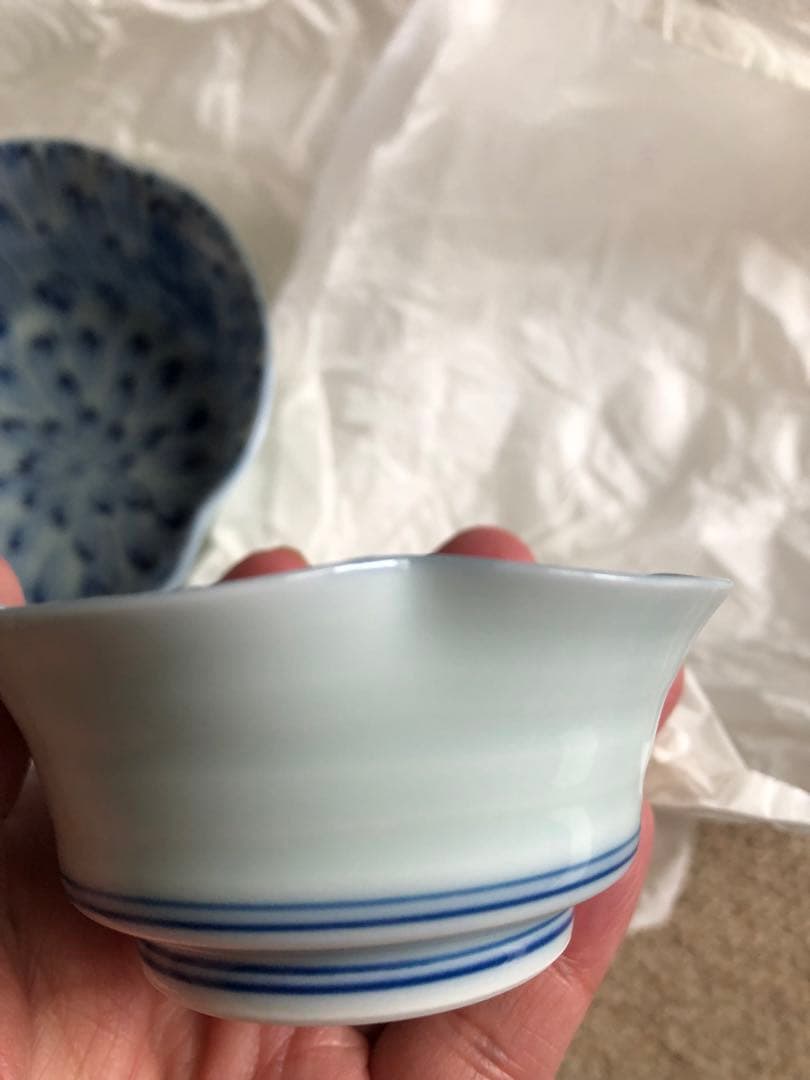 有田名窯 文山窯 染付 菊割紋 向附と千代口 ５セット 共箱入