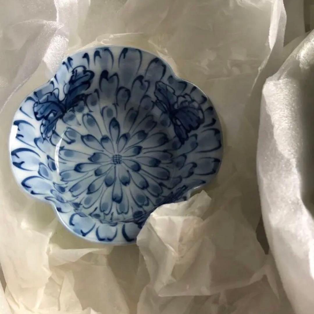 有田名窯 文山窯 染付 菊割紋 向附と千代口 ５セット 共箱入