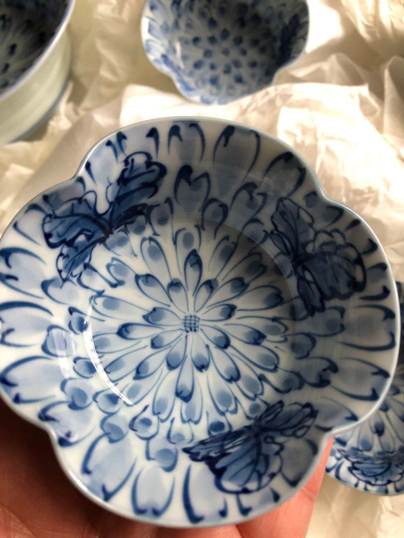 有田名窯 文山窯 染付 菊割紋 向附と千代口 ５セット 共箱入