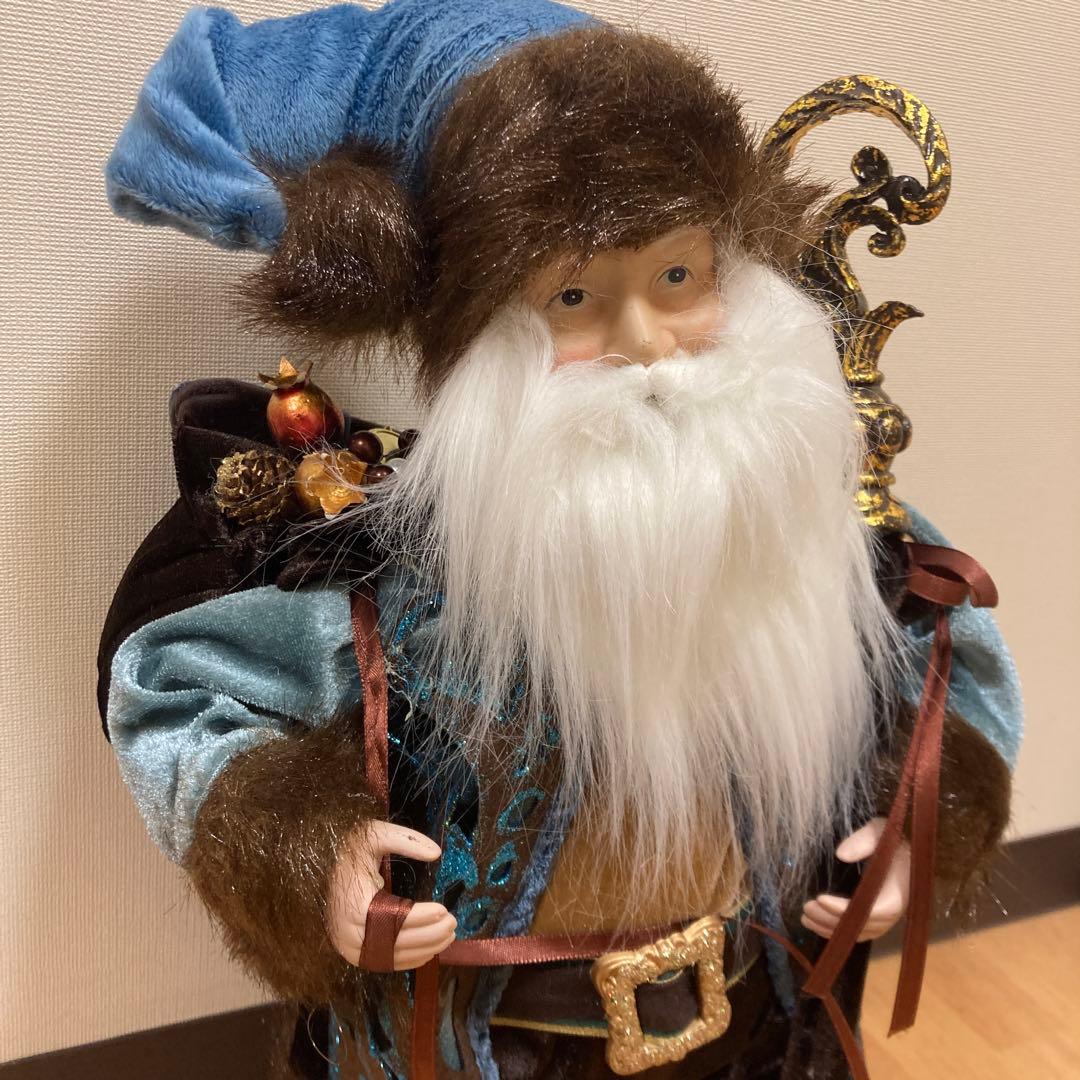 青いベルベット サンタクロース人形　クリスマス　置物　装飾　飾り