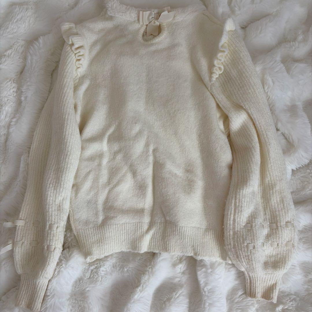 LIZLISA モヘアタッチポンポンニット ホワイト