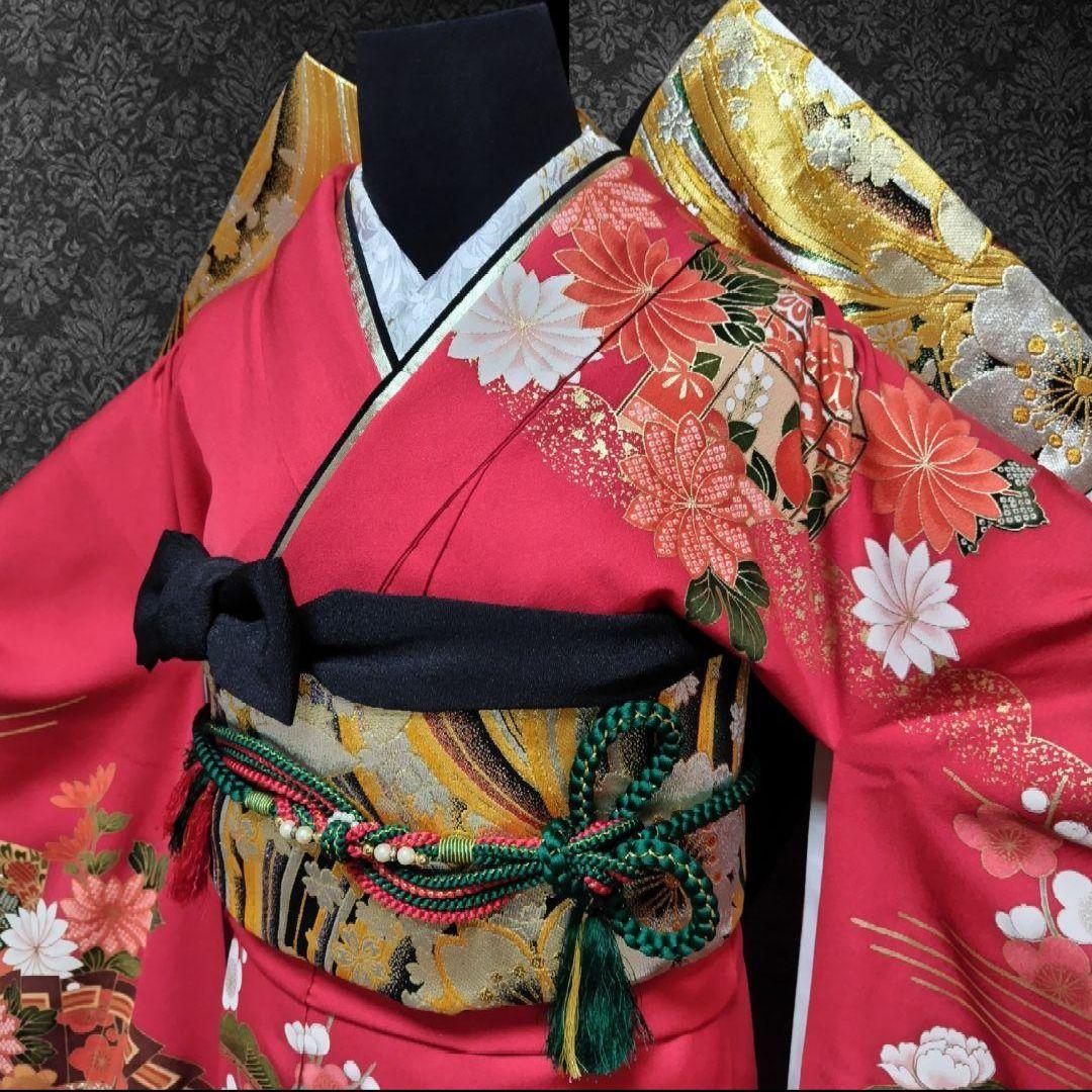 大特価SALE☆振袖フルセット(7点)・成人式・小柄な方向け・古典柄・金彩加工