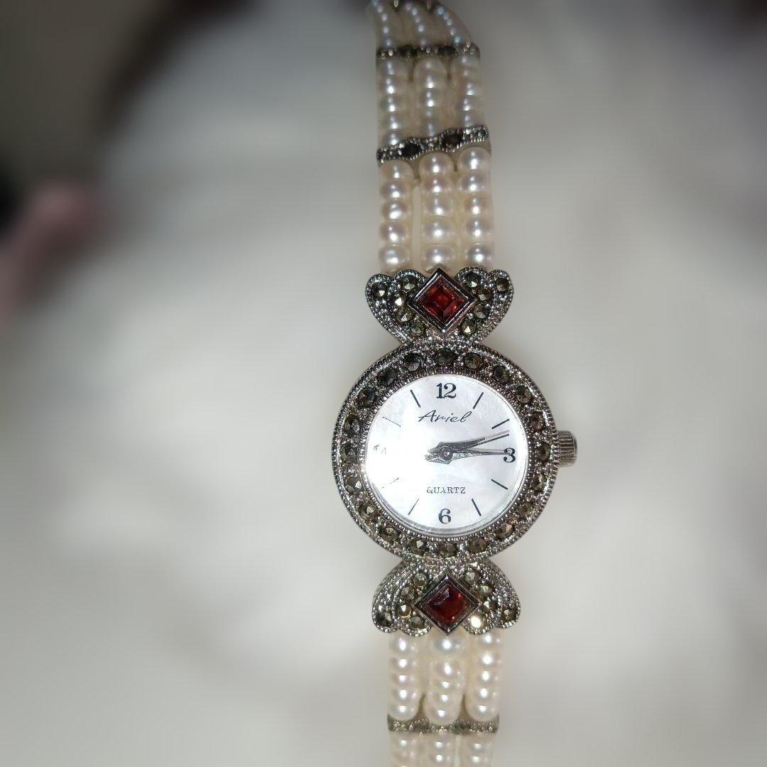 美品❣️ヴィンテージArieIマーカサイト＆ パール装飾 クォーツ腕時計