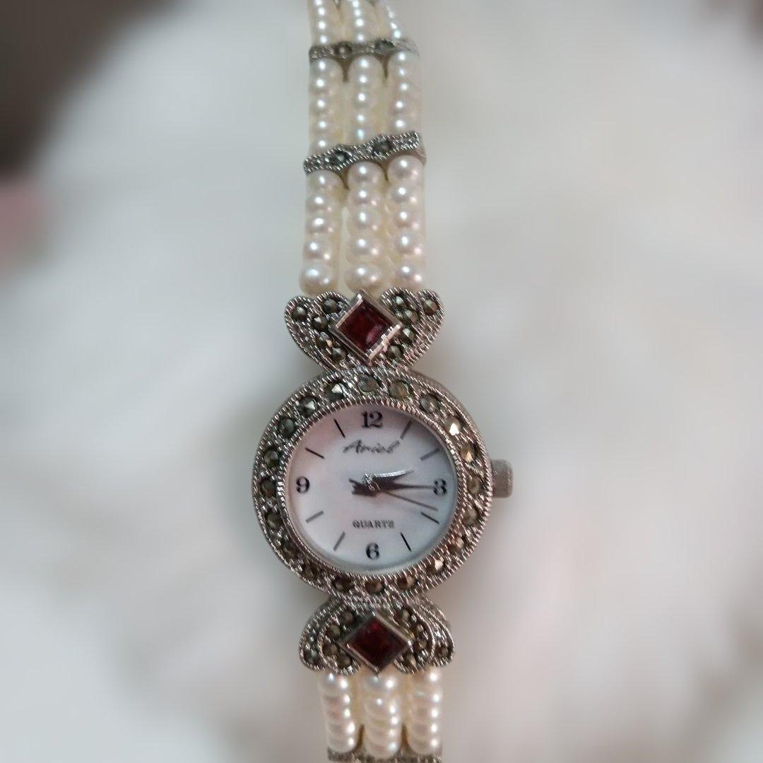 美品❣️ヴィンテージArieIマーカサイト＆ パール装飾 クォーツ腕時計