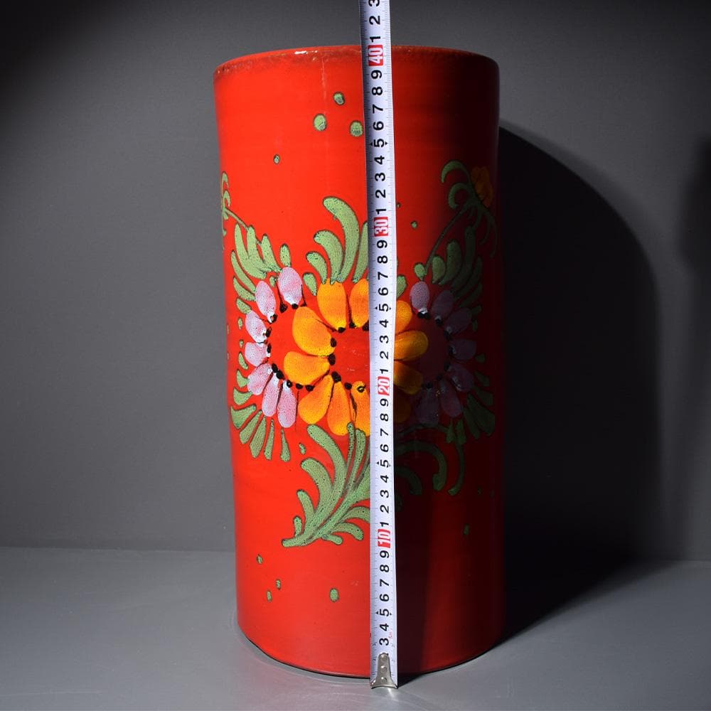 イタリア製 マヨリカ焼き 傘立て レッド 花柄 アンティーク