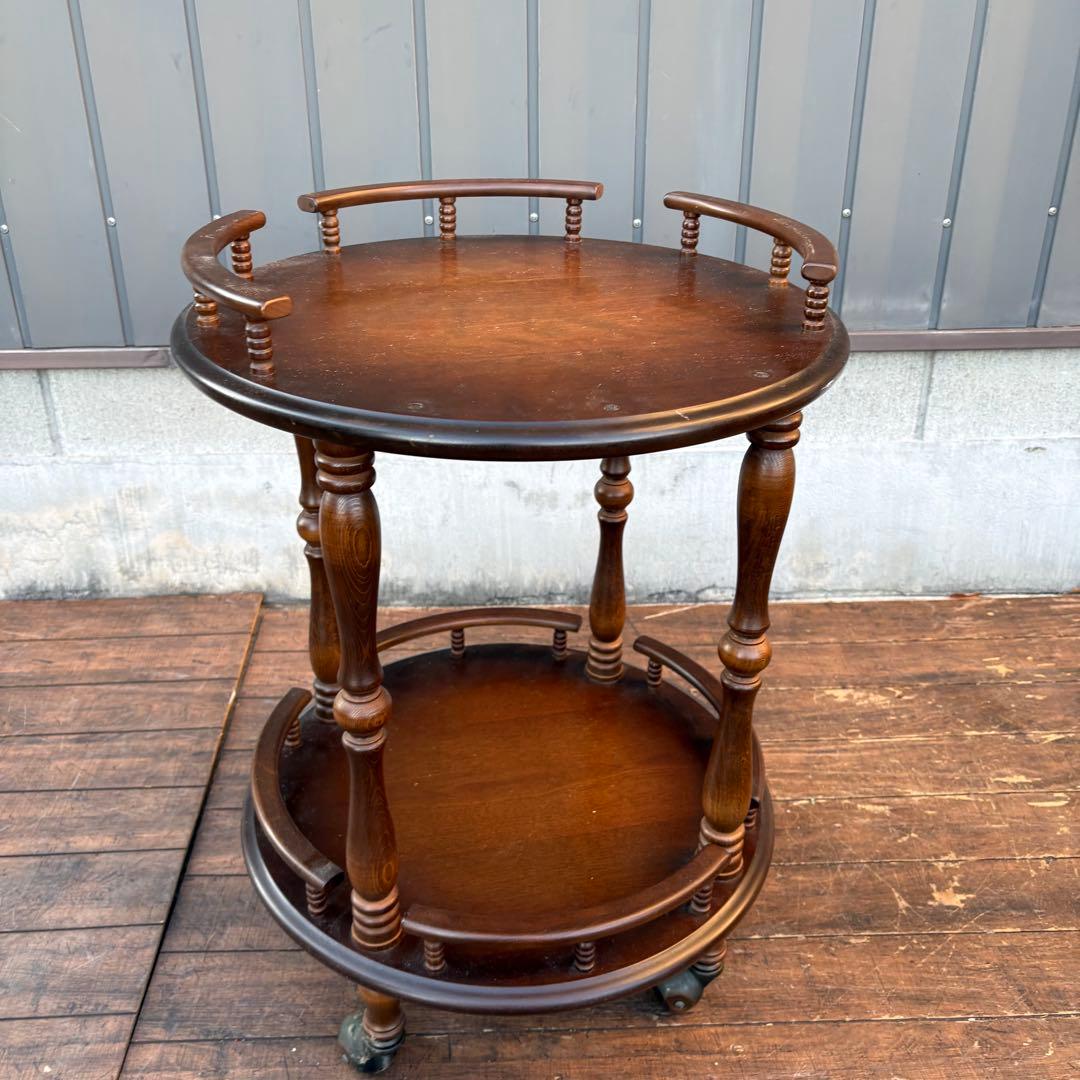 昭和レトロ 飛騨産業 キツツキマーク 木製ワゴン 2段 円形 サービングワゴン