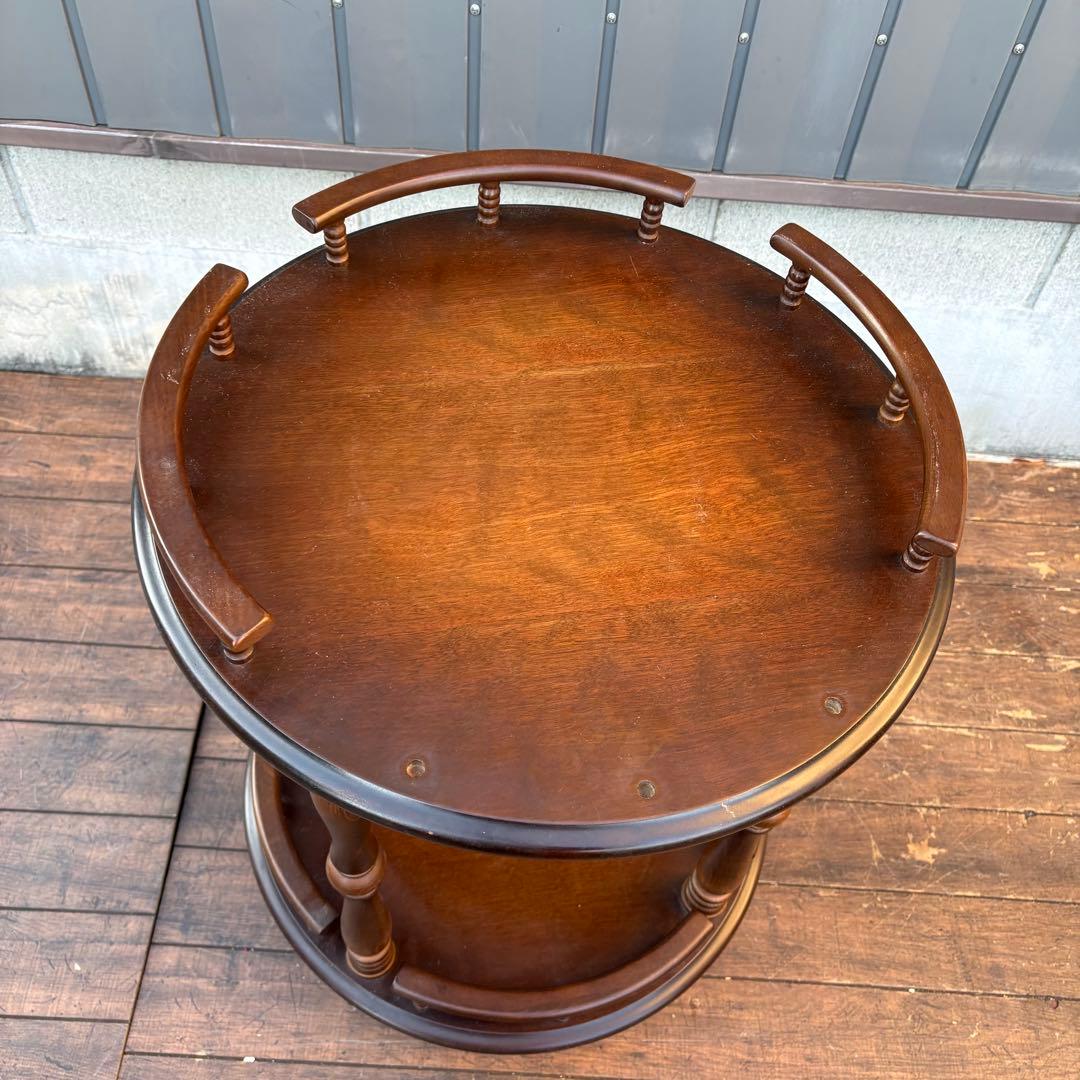 昭和レトロ 飛騨産業 キツツキマーク 木製ワゴン 2段 円形 サービングワゴン