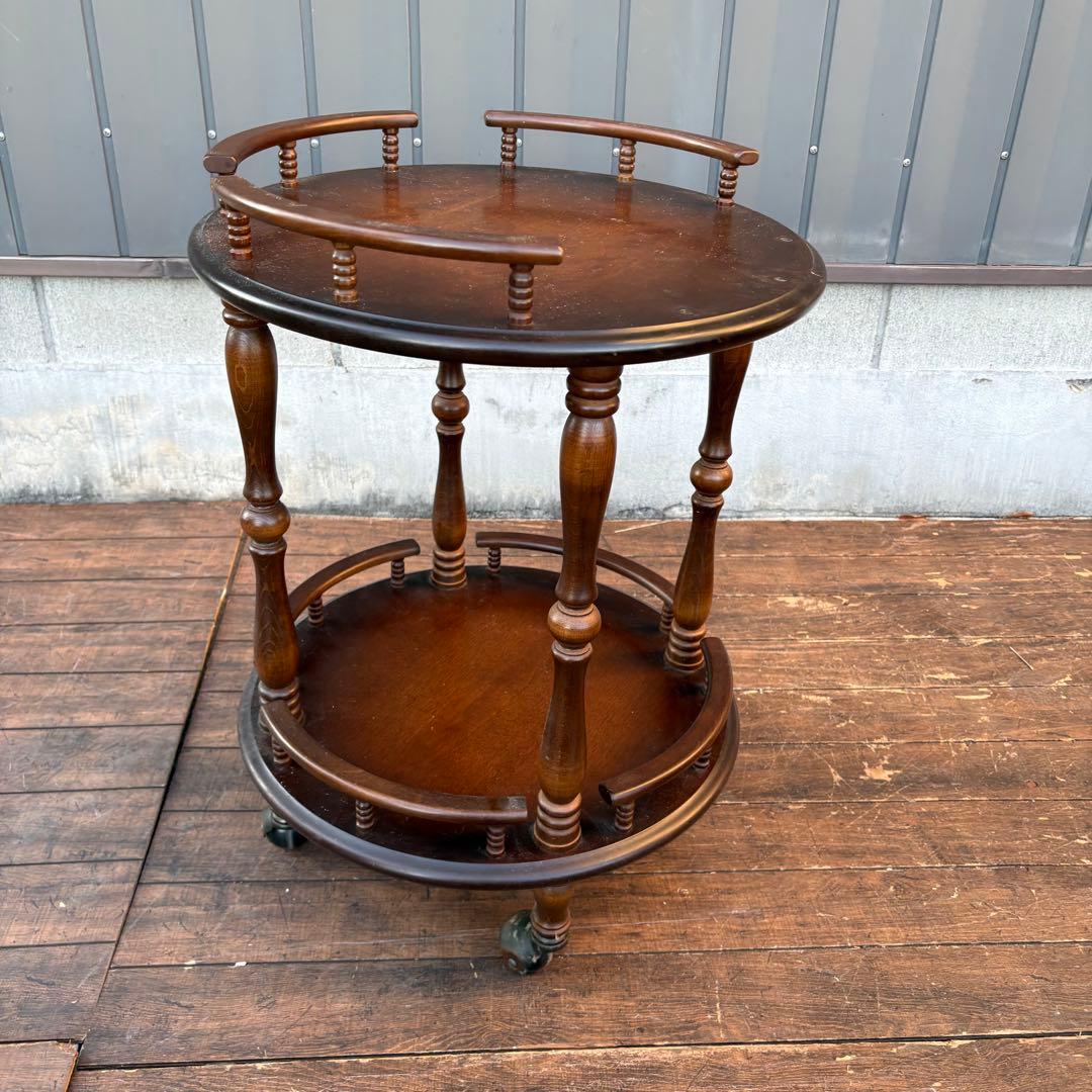 昭和レトロ 飛騨産業 キツツキマーク 木製ワゴン 2段 円形 サービングワゴン