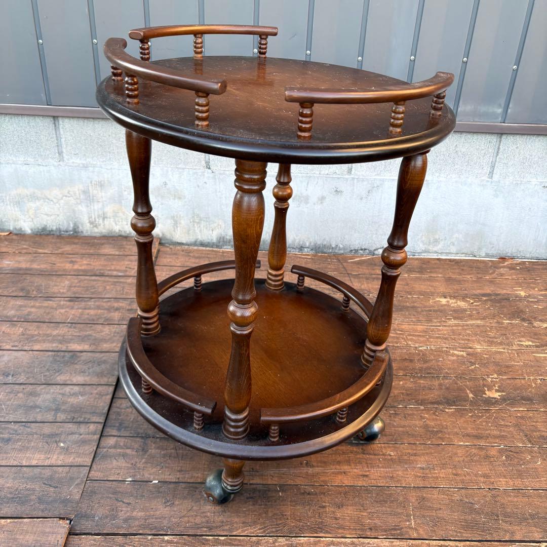 昭和レトロ 飛騨産業 キツツキマーク 木製ワゴン 2段 円形 サービングワゴン