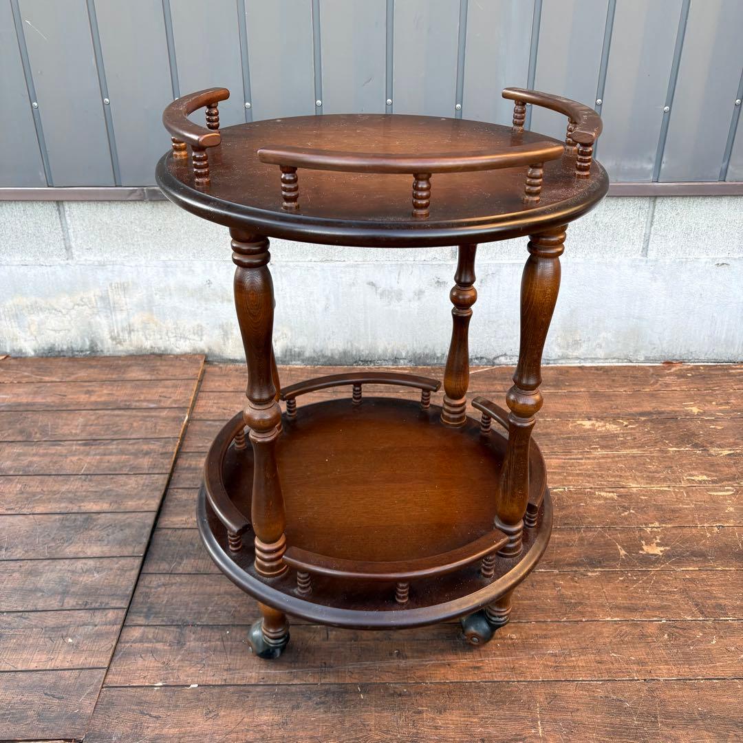 昭和レトロ 飛騨産業 キツツキマーク 木製ワゴン 2段 円形 サービングワゴン