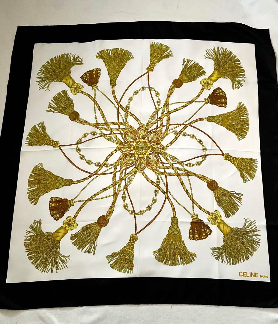 CELINE シルク　大判スカーフ　アイボリー　タッセル柄　極美品