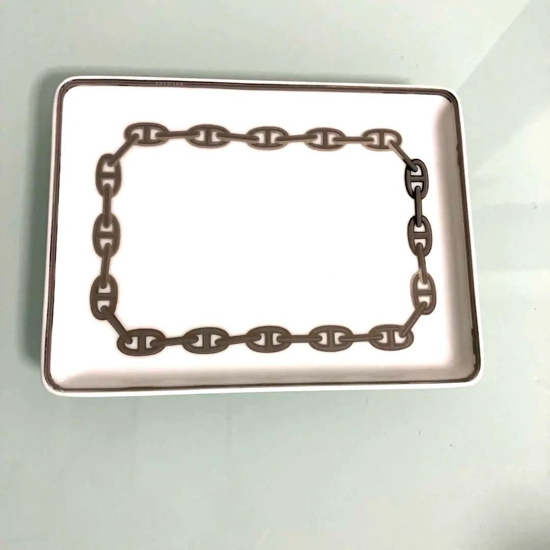 【美品】エルメス　シェーヌダンクル　プラチナ　食器　トレー　スクエアプレート