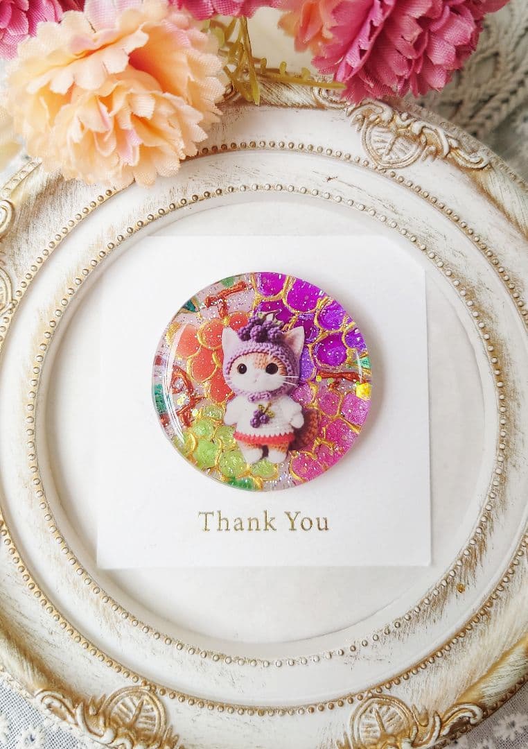 レジン　猫　 手書き　ヘアゴム　ブローチ　ポニーフック　No.235