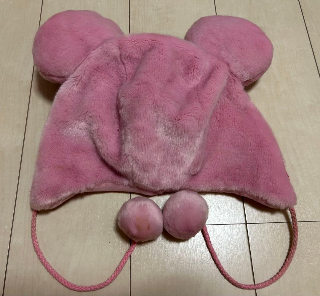 ディズニーファンキャップ　ミニー　ピンク耳付きフリース帽子