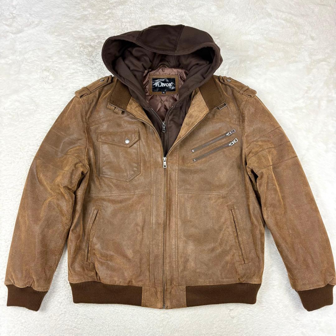 FLAVOR フード付 レザー ボマージャケット ライダースジャケット 茶色XL