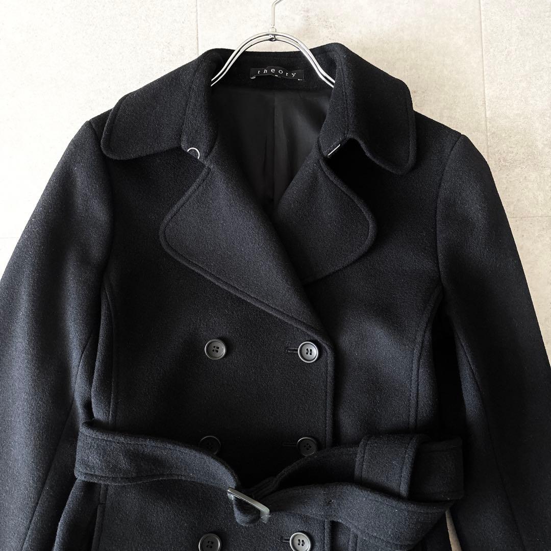 美品✨セオリー ベルテッドウールロングコート 2 ブラック アンゴラ Aライン